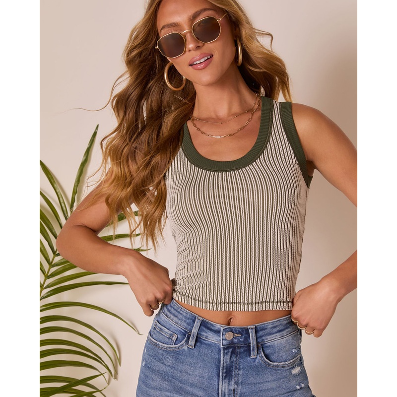 Carinne Striped Contrast Tank|Olive|XS|S|M|L|XL