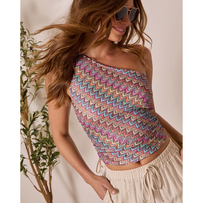 Coastal Citrus One Shoulder Abstract Top