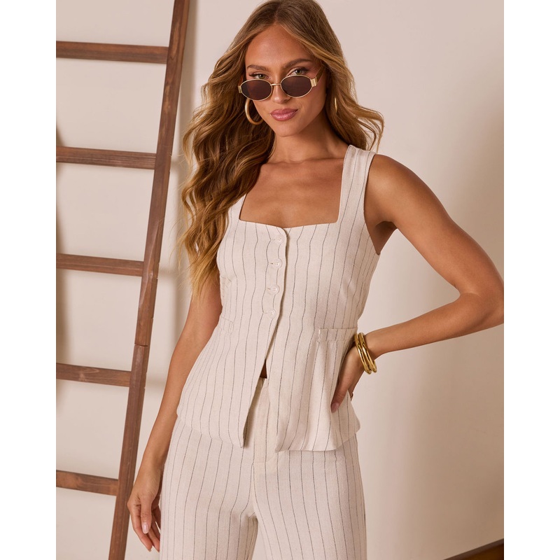 Corbiere Linen Pinstripe Top|Natural/Black|XS|S|M|L|XL
