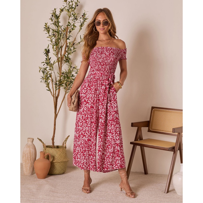 Dawna Off The Shoulder Waist Tie Jumpsuit