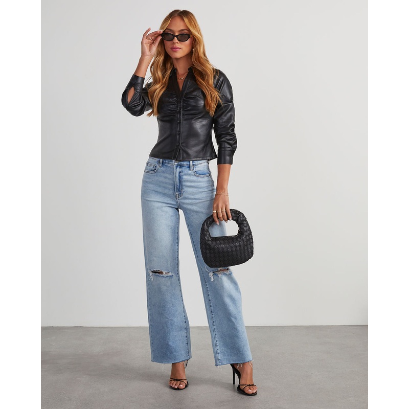 Fairfax Ruched Faux Leather Long Sleeve Top