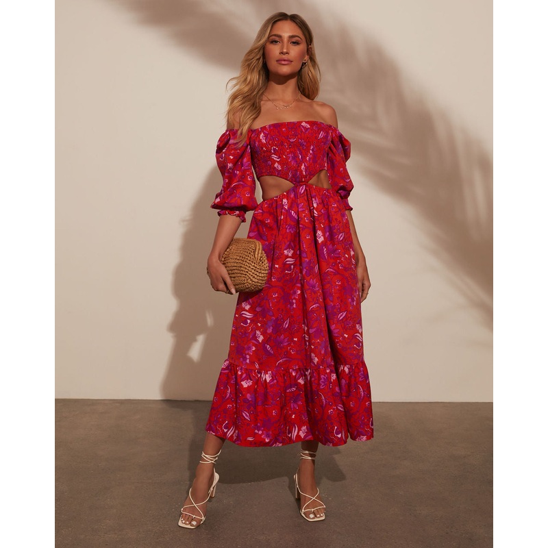 Iris Smocked Puff Sleeve Cutout Midi Dress