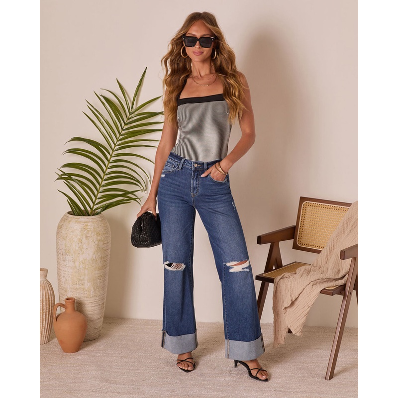 Jaidan Stretch Distressed Wide Leg Cuffed Jeans