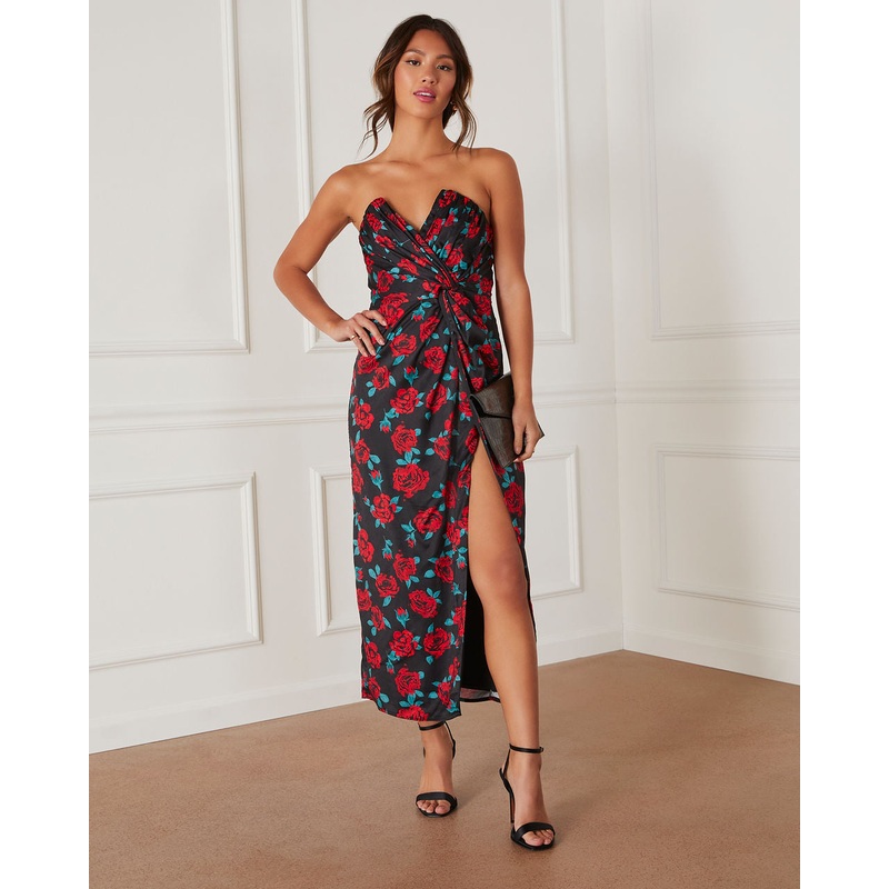 Lovestruck Satin Strapless Floral Midi Dress