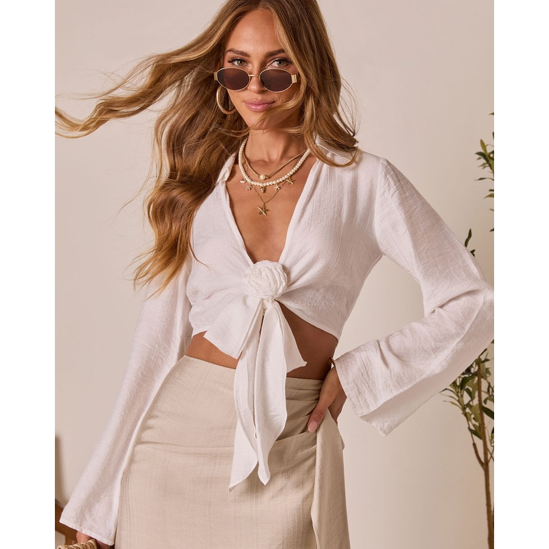 Pamalen Front Tie Rosette Top|White|XS|S|M|L|XL