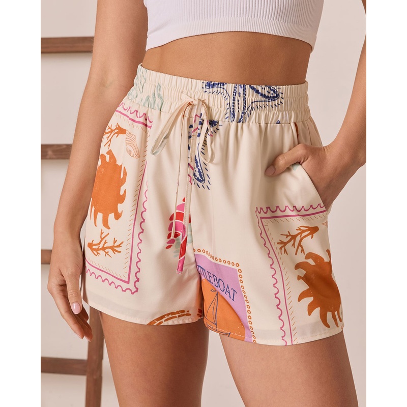 Postcard Sent Stamp Print Drawstring Shorts