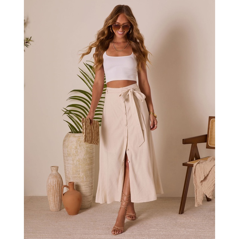 Silken Breeze Waist Tie Midi Skirt