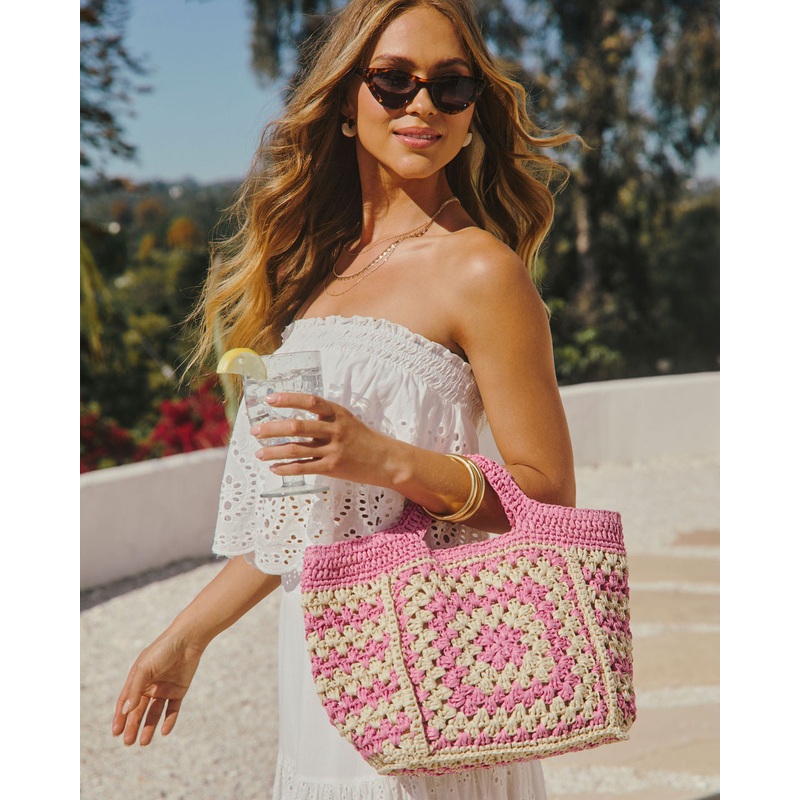 Summer Rose Geometric Straw Tote Bag