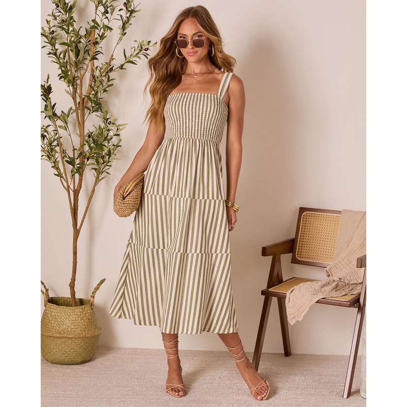Braylin Striped Smocked Midi Dress