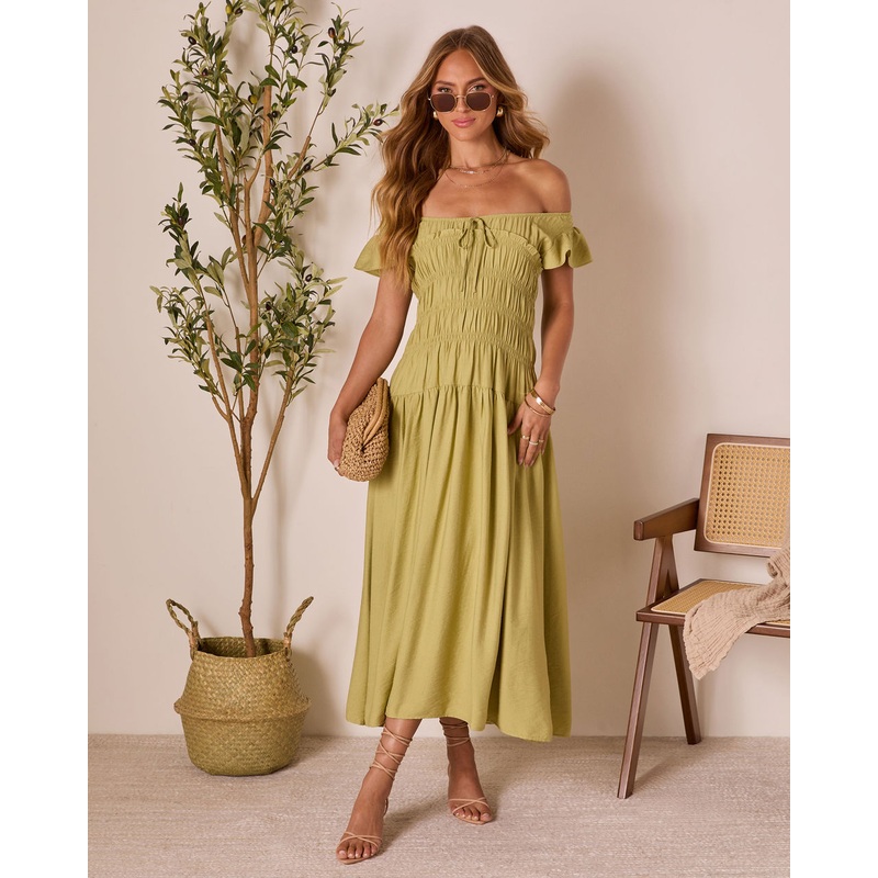 Linen Skies Flutter Sleeve Midi Dress