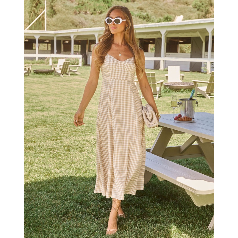 Maralen Gingham Maxi Dress|Khaki|XS|S|M|L|XL