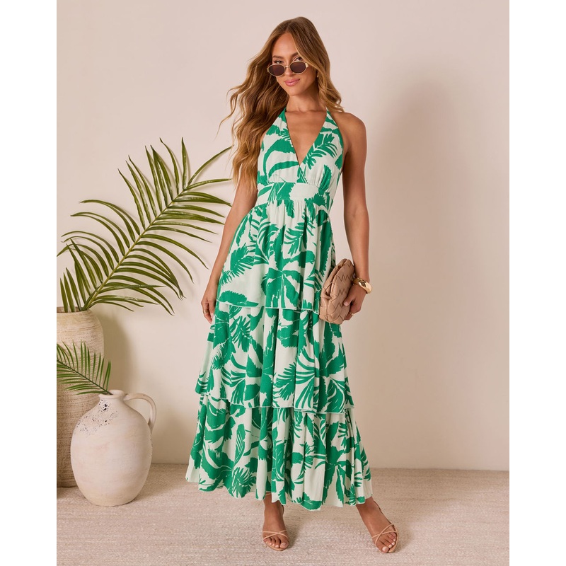 Palm Shade Tiered Maxi Dress|Pine Green|XS|S|M|L|XL