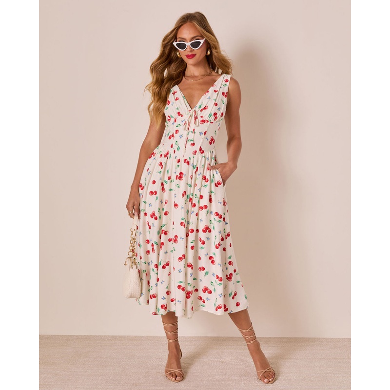 Sweet Tart Cherry Print Midi Dress