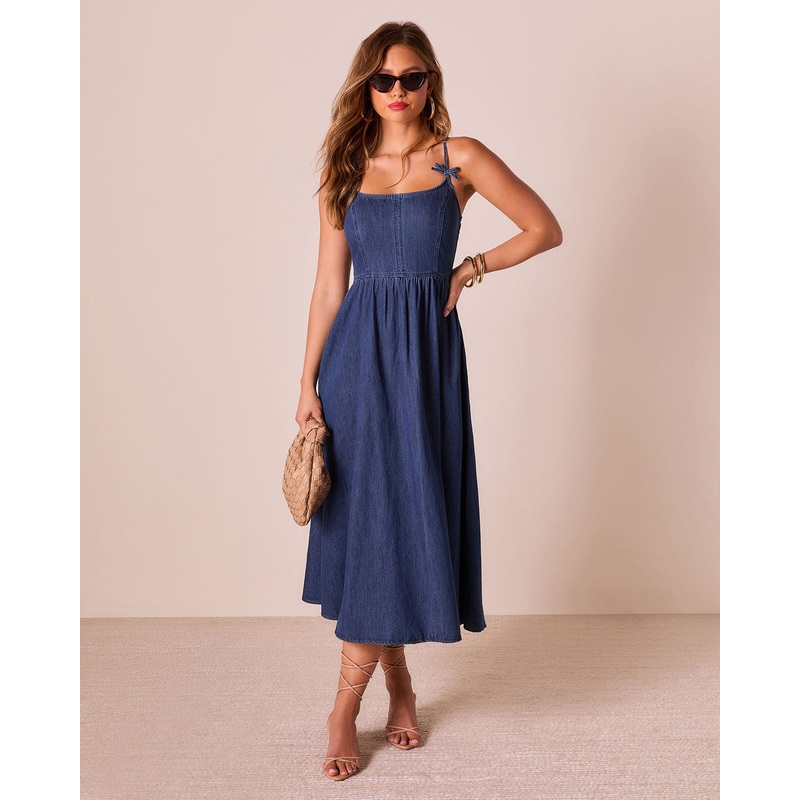 Tide To Me Bow Strap Midi Chambray Dress