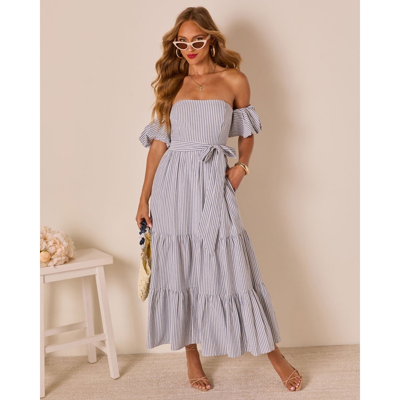 Annah Striped Off The Shoulder Maxi Dress