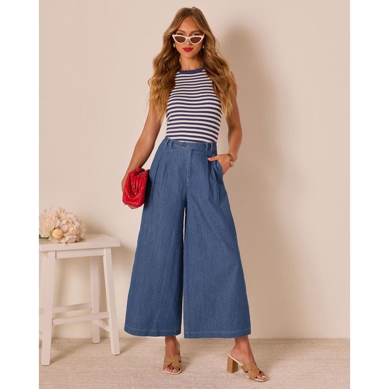 Celadine Wide Leg Pleated Chambray Pants