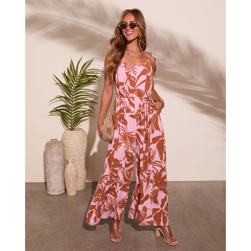 Marline Palm Print Waist Tie Jumpsuit