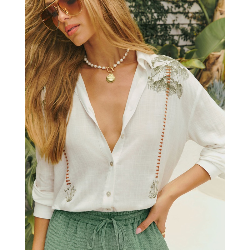 Palm Ritual Embroidered Linen Button Down Top