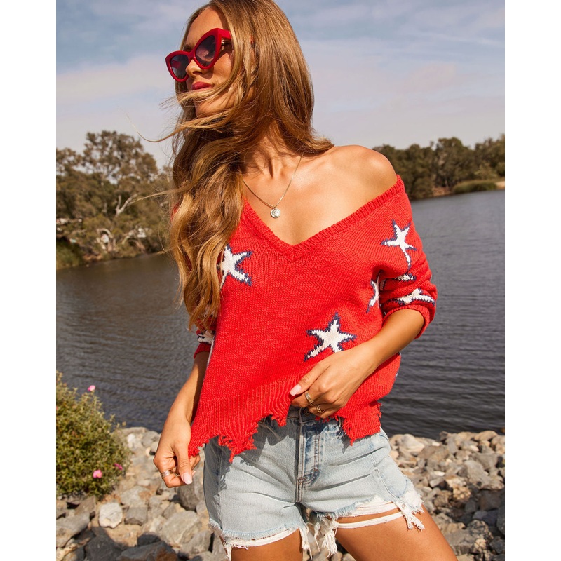 Reida Distressed Star Sweater|Red Multi|S|M|L