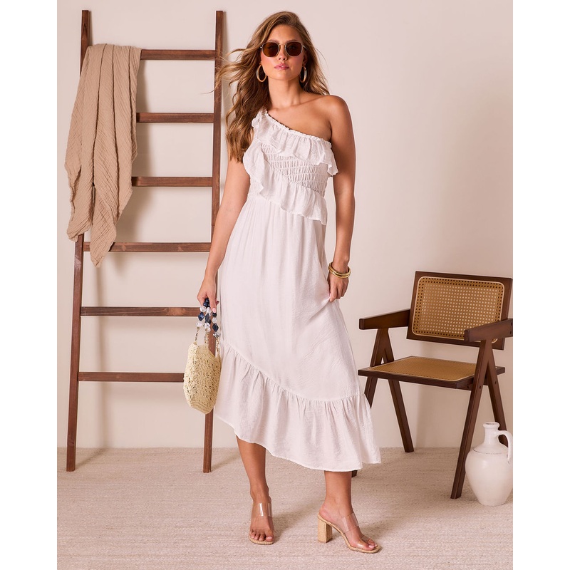 Sailor One Shoulder Ruffle Midi Dress