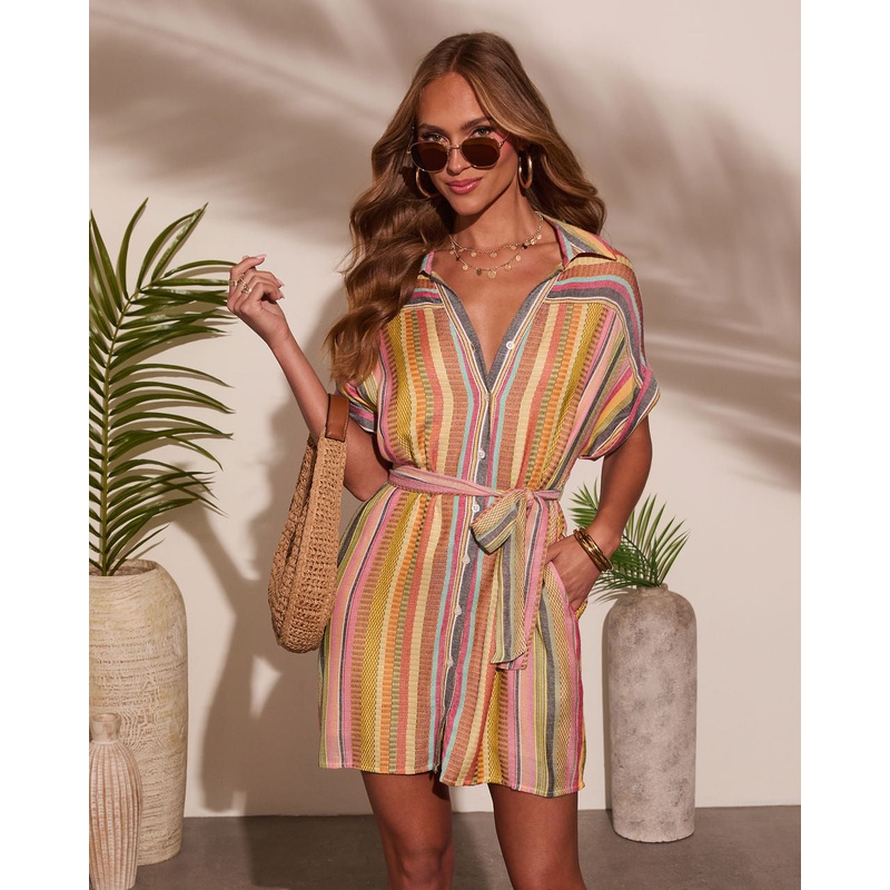 Sunshade Waist Tie Mini Shirt Dress