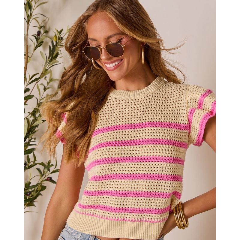 Caydee Striped Ruffle Sweater|Yellow/Pink|Natural/Navy|XS|S|M|L|XL