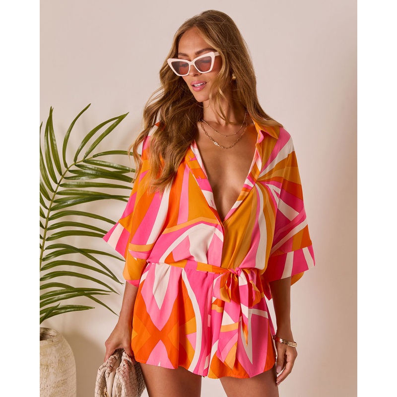 Glow Hour Waist Tie Romper|Orange Multi|XS|S|M|L|XL