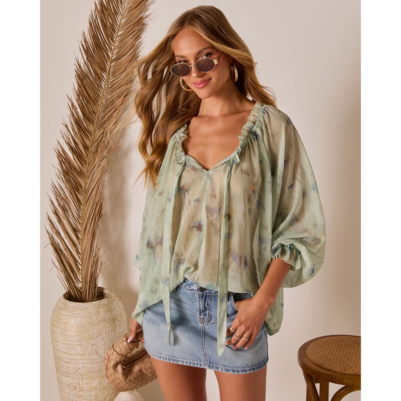Ivanah Neck Tie Blouse|Sage Multi|S|M|L