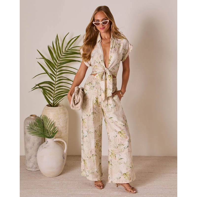 Solla Smocked Wide Leg Pants|Sand|S|M|L