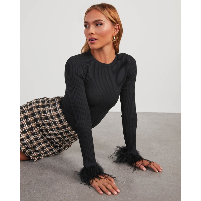 Felicity Long Sleeve Feather Trim Knit Top