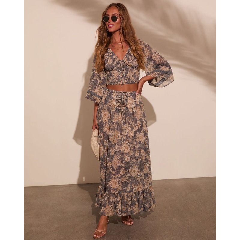 Moonlit Bloom Lace Up Maxi Skirt