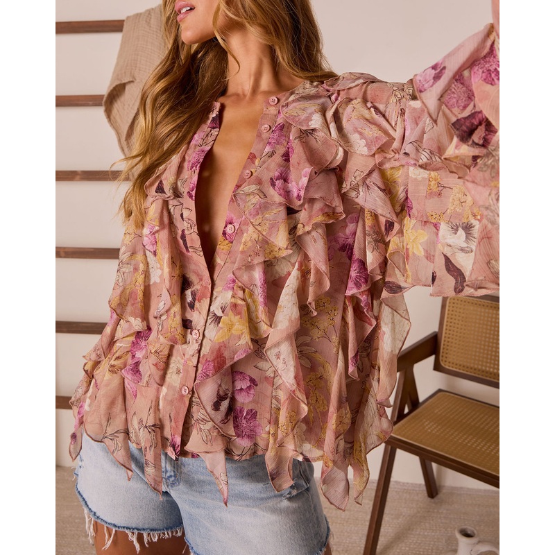 Anastelle Ruffle Chiffon Top|Tan|XS|S|M|L|XL