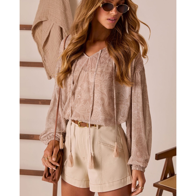 Eminah Front Tie Peasant Top|Taupe|XS|S|M|L|XL