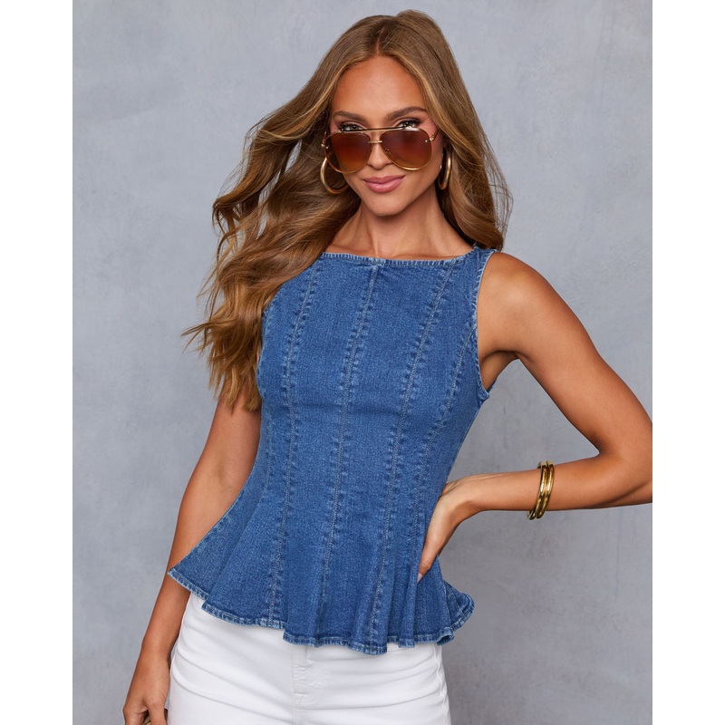Samiah Denim Peplum Top|Medium Wash|XS|S|M|L|XL