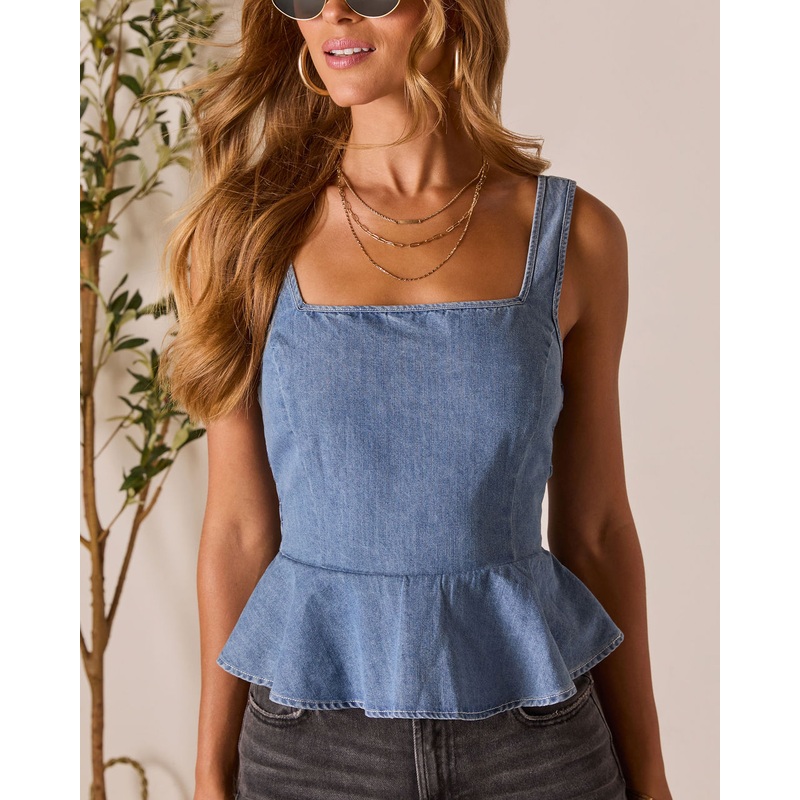 Softly Yours Denim Peplum Top|Dark Wash|XS|S|M|L|XL
