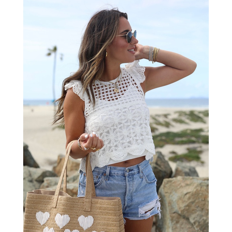 Bella Crochet Knit Eyelet Flutter Sleeve Top