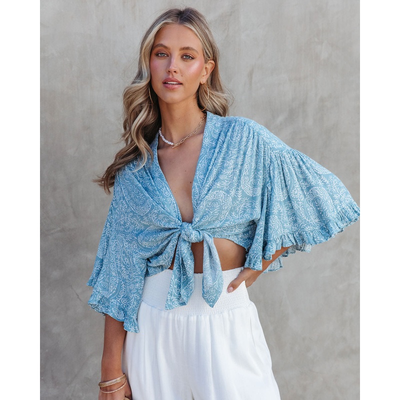 Coastal Waves Printed Front Tie Top
