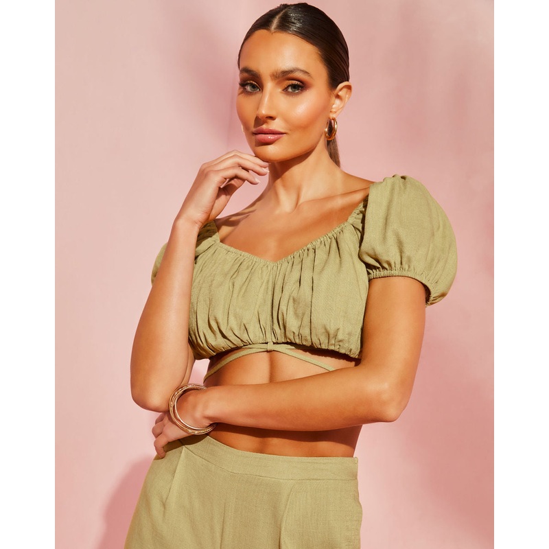 Corsicana Linen Waist Tie Crop Top