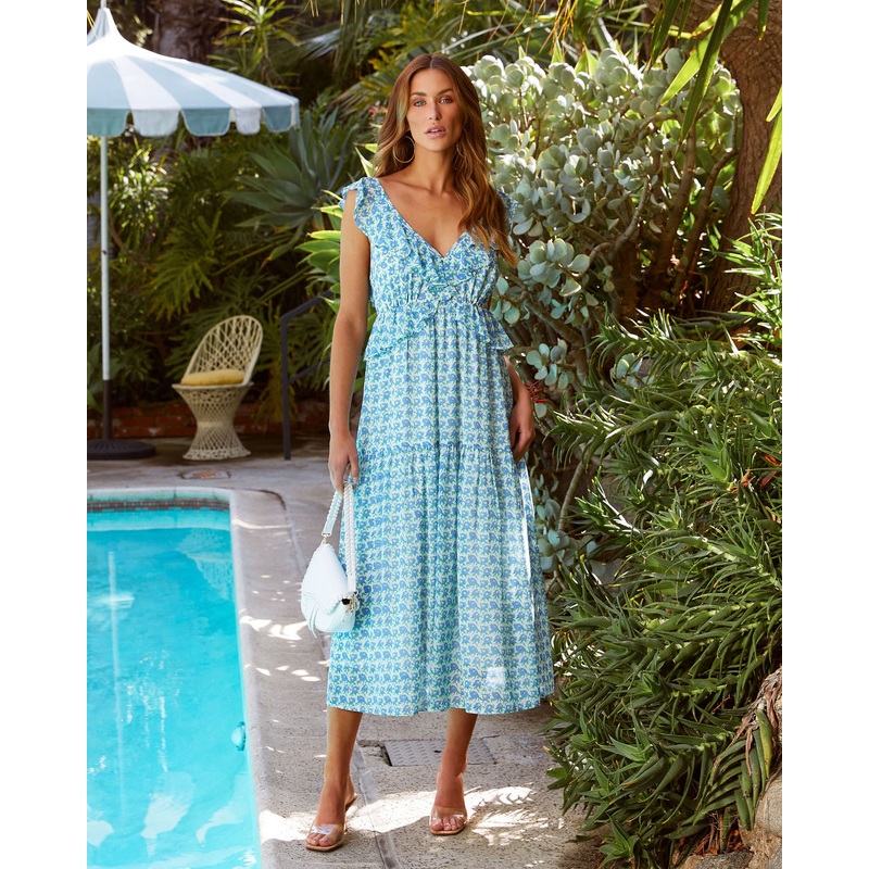 Iris Floral Ruffle Midi Dress|Blue|XS|S|M|L|XL