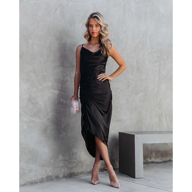 Juliana Satin Cowl Neck Ruched Asymmetrical Maxi Dress