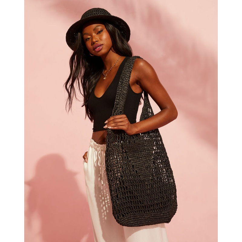 Los Angeles Knitted Tote Bag|Black|Tan