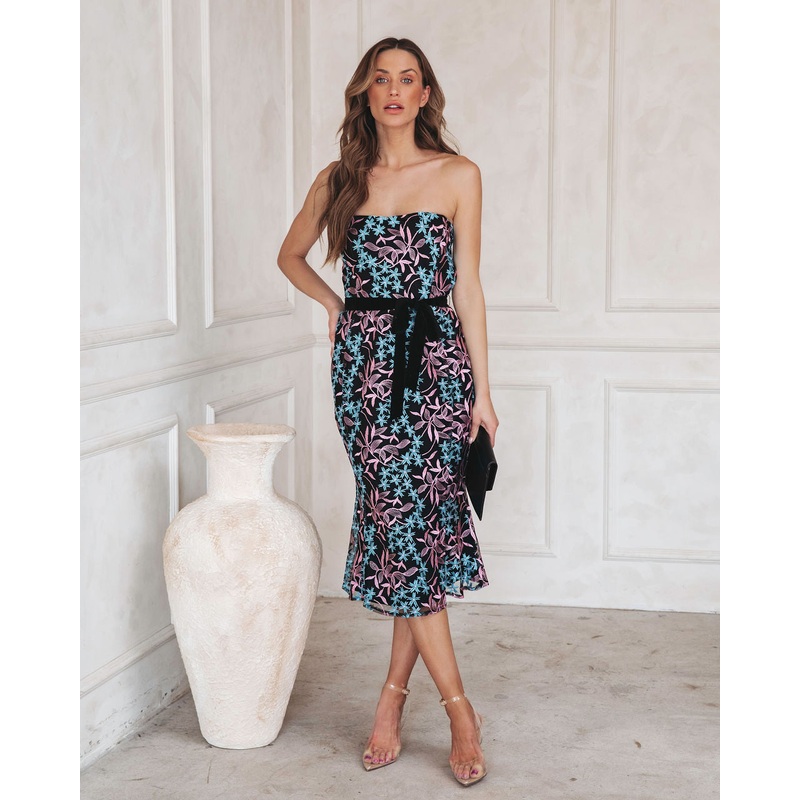 Midnight Paradise Strapless Floral Embroidered Midi Dress
