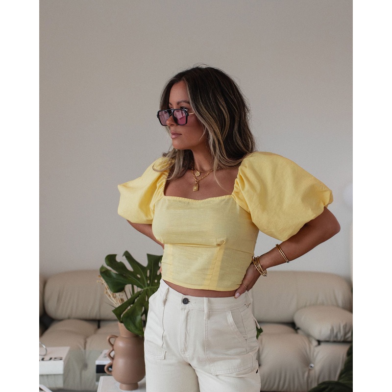 Rylee Cotton Linen Blend Puff Sleeve Top