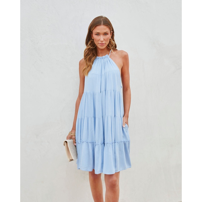 Thea Halter Tiered Mini Dress|Light Blue|S|M|L
