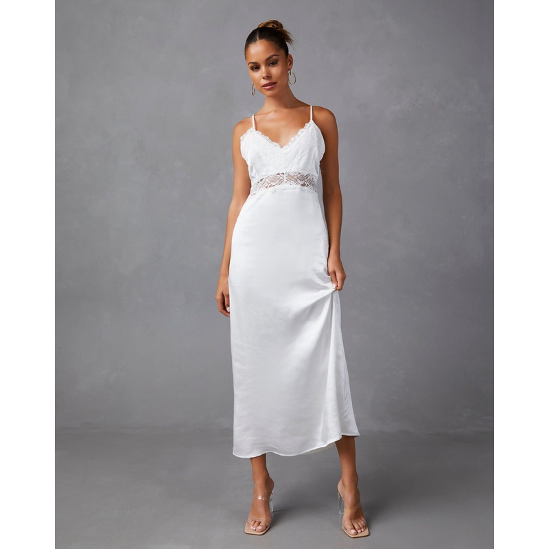 Therese Satin Lace Midi Dress|White|XS|S|M|L