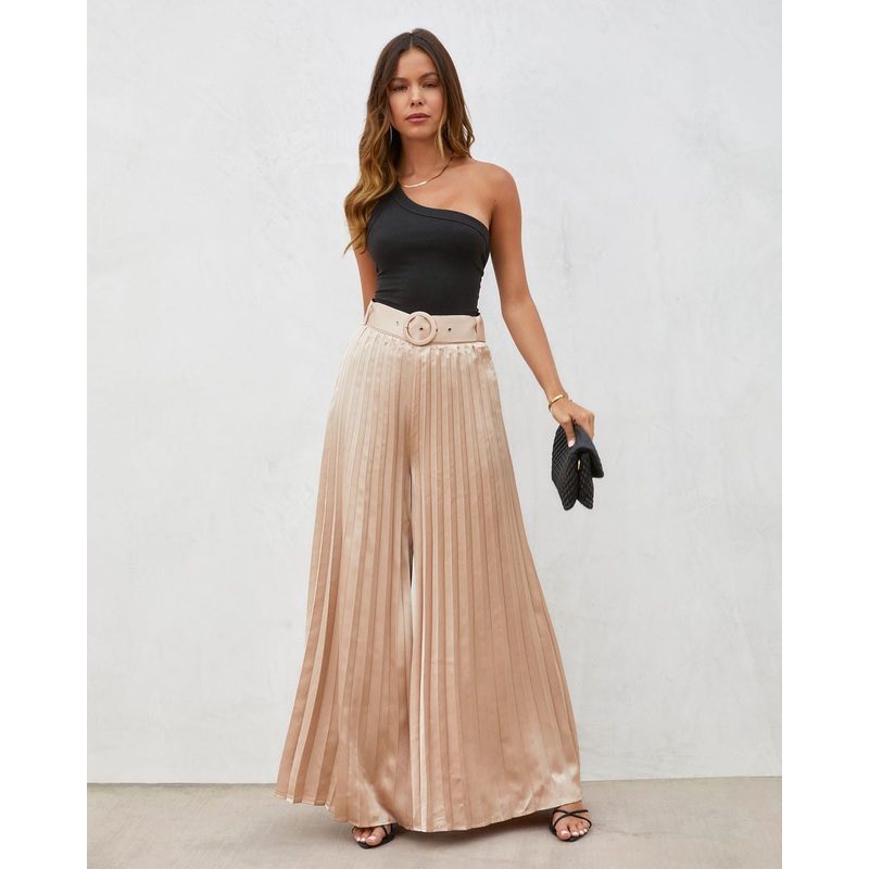 True Elegance Satin Pleated Belted Wide Leg Pants
