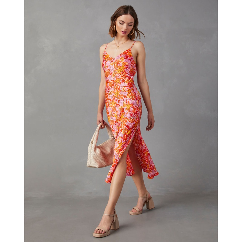 Allen Satin Floral Midi Dress|Pink/Multi|XS|S|M|L|XL