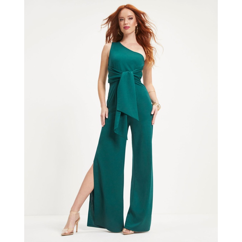 Always On The List One Shoulder Front Tie Slit Jumpsuit