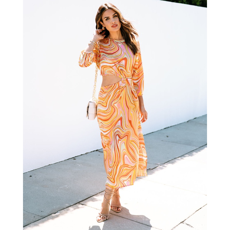 Annika Satin Marble Side Cutout Midi Dress