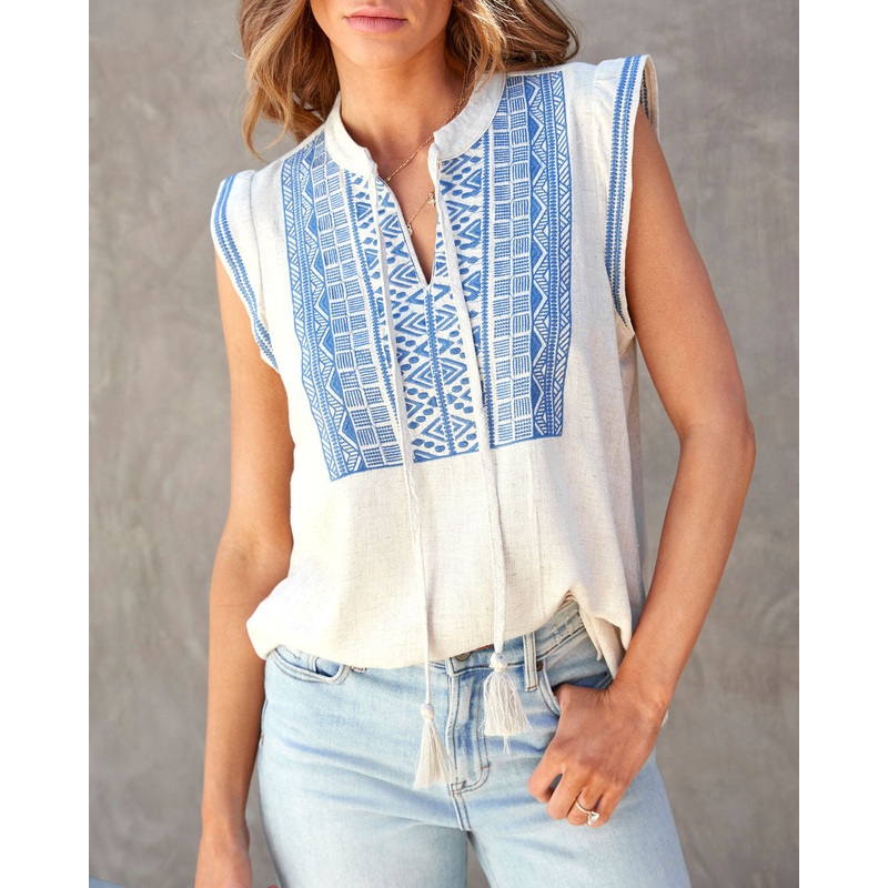Claudine Embroidered Tassel Tie Top